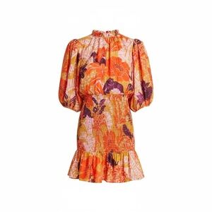 Orange Floral Puff-Sleeve Smocked Mini Dress